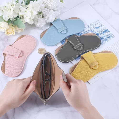 Image of CREATCABIN Leather Glasses Case Slim Sunglasses Pouch Lightweight Travel Portable Squeeze Top Soft Eyeglasses Cover Holder with Soft Cleaning Cloth for Family Friends Holiday Vacation 6.9x3.4 Inch