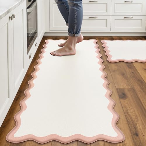 Scalloped Pink Kitchen Mats Rugs Sets of 2 Cushioned Anti Fatigue Floor Mat Waterproof Kitchen Rugs Non Slip Foam Comfort Standing Mat for Sink Laundry Bi-tone- Blush Pink/White 17.3"x30"+17