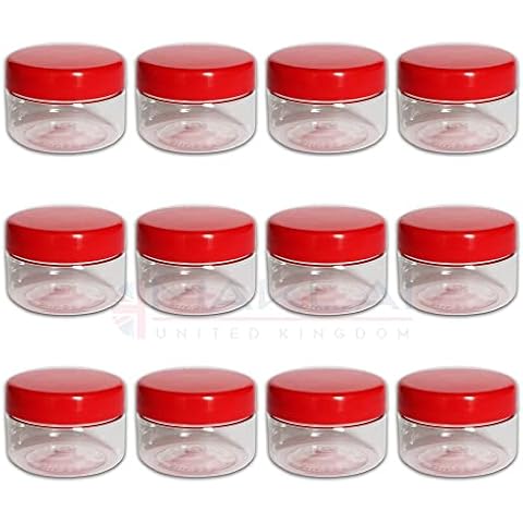 MKR PET Jars Transparent Plastic Storage Containers With Red Screw Top Lids. For Multi-Purpose Home Organisation, Food, Crafts, Powders, Herbs, Spices, Snacks (12 x 50ml) Cover