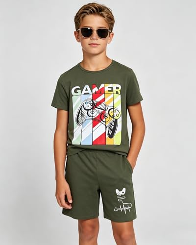 Image of Cakaner Tween Boys Summer Clothes 2 Piece Short Sleeve Graphic T-Shirt and Shorts Casual Outfit Set Size 7-14