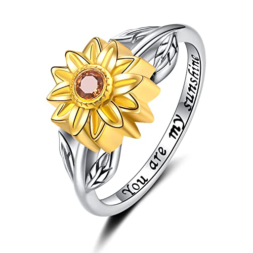 Sunflower Cremation Urn Ring for Ashes - Sterling Silver Gold Flower Keepsake Rings to Hold Ashe, Sympathy Gifts for Loss of Loved Ones or Pets Engraved, Size 6-9 by ZOEXUE - Used condition - US$28.50