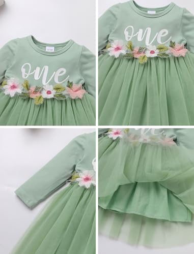 ODASDO Baby Girls First Birthday Outfit Cotton Long Sleeve Tulle Tutu Princess Dress with Bowknot Headband Set4