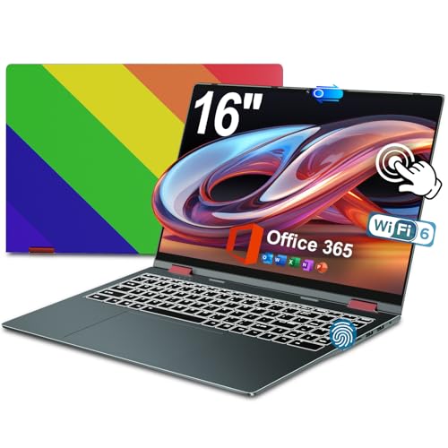Image of jumper Rainbow Laptop 16 inch, Vibrant Pride Themed Convertible Touchscreen, 2 in 1 Laptop with 16GB RAM 640GB Storage, Fingerprint Reader, 360 Degree Rotation, Backlit Keyboard, 53.2WH, WiFi 6