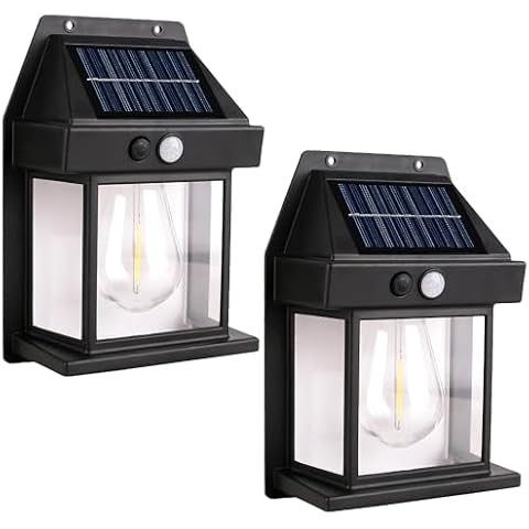 Solar Wall Lights Outdoor [2 Pack] Dusk to Dawn Solar Motion Lights Outdoor, Waterproof, 3 Lighting Modes, Wall Mount Light Sconces for Outside Patio Fence Yard Garage (Black-1 Bulb, 2 Pack Standard) Cover
