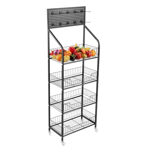 BZYFJB Estantería para aperitivos de 4 pisos para cocina, estantería de exhibición de frutas y verduras, supermercado, alta capacidad de carga, estable, ajustable, con ruedas y ganchos, para cocina y