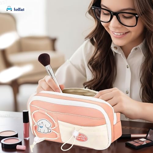 Image of FunBlast Pencil Pouch for Girls - Aesthetic Multi-Compartment Zipper Pouch with Drawstring Pocket, Cute Kawaii Pencil Case, Stylish Stationery Pouch, Return Gift for Kids & School Use (Pink)