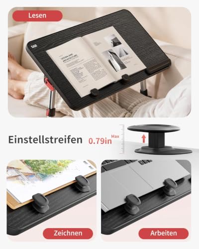 Image of SAIJI Laptop Table on Bed, Aluminium Alloy Laptop Desk 60cmx33cm, Adjustable & Foldable Laptop Table for Sofa /Floor, Height & Angle Adjustable, Non-Slip Wrist Rest & Retractable Stoppers - Black