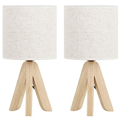 Bedside Table Lamps Set of 2 Cute Wooden Tripod Table Lamps Small Nightstand Lamps with Rustic Fabric Linen Shade Decorative Modern Desk Reading Lamp for Bedroom, Living Room, Office, College Dorm