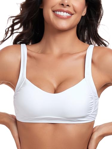 Women’s Ruched Bandeau Bikini Tops Adjustable Straps Swimsuit Top Removable Padded Bathing Suit Tops