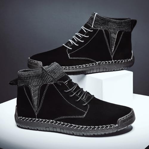 Mens Suede Leather Lace Up Ankle Chukka Boots with Elastic Band Casual Mid Top Retro Round Toe Slip On Platform Deck Boots (Green,12)3