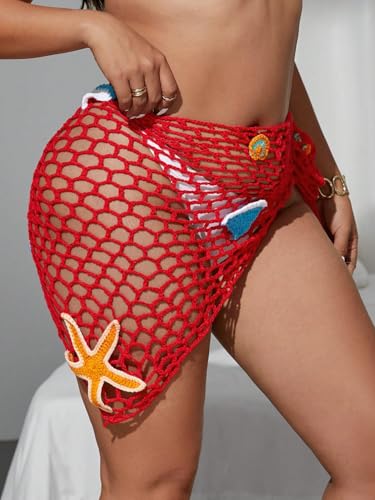 Image of ZAFUL Sarong Coverups for Women Beach Vacation Fishnet See Thru Tie Side Bathing Suit Cover Up Mini Skirt