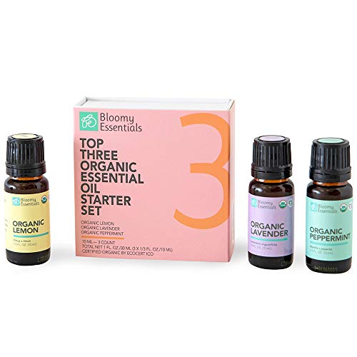 Bloomy Essentials Top 3 Organic Essential Oils Starter Set 10 mL (1/3 oz) - USDA Certified Organic - 100% Pure Lavender, Lemon and Peppermint