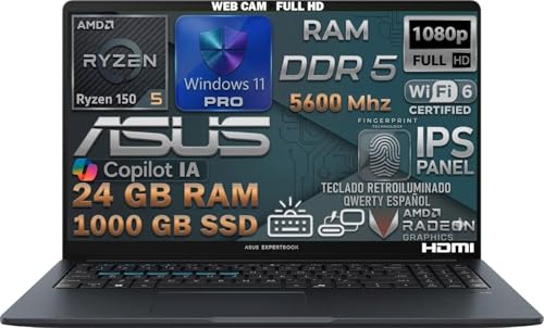 ASUS Ordenador Portátil, AMD Ryzen 5 150 4.55GHz, RAM 24GB DDR5, 1TB SSD PCIe, Pantalla 15.6' FHD IPS, WiFi 6E, Copilot IA, Webcam 1080p, Teclado Español Retroiluminado, Huella Digital, Win11 Pro