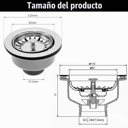 Miniatura 2 de 1 Accesorio De Fregadero De Acero Inoxidable Tapón Colador De Cesta De Fregadero De 83-90 Mm