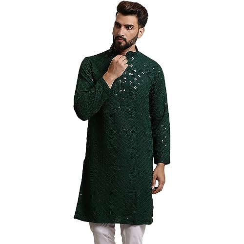 Sojanya (Since 1958 Men'S Pure Cotton Green Sequence Only Long Kurta