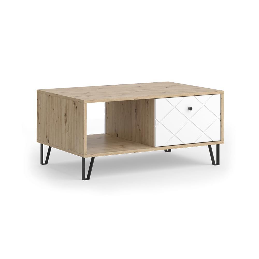 Vicco Mesa de Centro Nizza, Roble Artesanal, 90.2 x 59.4 cm | con compartimento abierto y cajón, para usar como superficie de apoyo junto a la cama