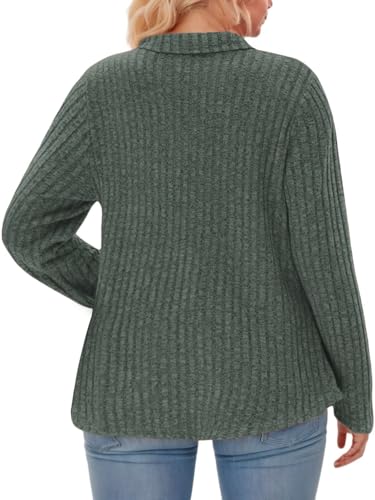 Image of VISLILY Womens-Plus-Size-Tops Collared V Neck Polo Shirts Lightweight Long Sleeve Sweaters Trendy Pocket Decor Tunic Blouses