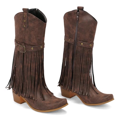 Women's Metal Decoration Fringe Cowboy Western Knee High Boot2