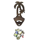 Luwanburg Palm Tree Cast Iron Beer Bottle Opener Wall Mounted with Magnetic Cap Catcher (Aged Bronze
