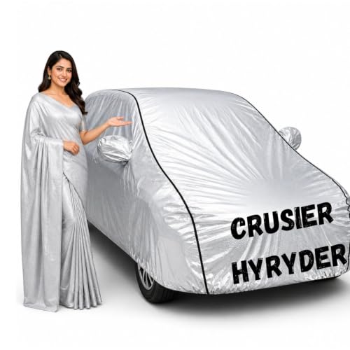 Image of Waterproof Car Body Cover for Crusier Hyryder All Weather Protection Comes with Inner Cotton Lining & Triple Stitched with Mirror & Antenna Pocket Belt & Elastic Fit Metallic with Black Piping1