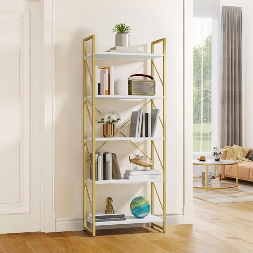 YITAHOME 5 Tiers Bookshelf, Classically Modern White Bookshelf, Book Rack, Storage Rack Shelves in Living Room/Home/Office, Books Holder Organizer for Books/Movies, White 23.6"W x 62.2"H Whi