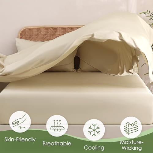 Image of MICORAL King Size Sheets Set, Rayon Derived from Bamboo Cooling Sheets for Hot Sleepers, Breathable & Soft, Deep Pocket Up to 16 Inches, Hotel Luxury Silky Bedding, Beige
