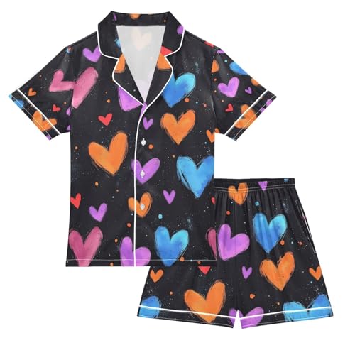 senya Color Blue Hearts 1 Satin Summer Pajama Sets Silk Short Sleeve Button Down Sleepwear