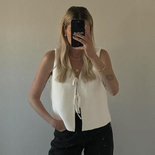 Image of jinghuiyue Womens Tie Sweater Vest Trendy V Neck Crochet Sleeveless Cardigan y2k Open Front Knit Tank Tops