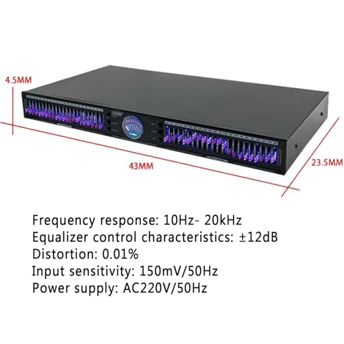 Ecualizador de audio profesional de 22 bandas, ecualizador gráfico estéreo de 32 Hz a 16 kHz, con 10 efectos preestablecidos, montaje en rack de 1U para canales duales, reducción automática de ruido, para estudio de grabación miniatura 3