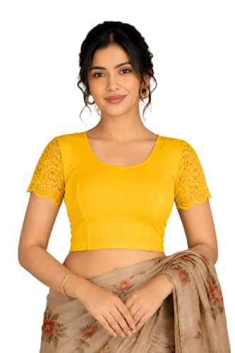 Image of Abhi Cotton Readymade Saree Blouse for Women- Half Net Sleeves, Round Neck, Regular-fit, Stretchable, Pull-on Style Blouse