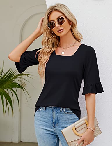 Womens 3/4 Sleeve Shirts Summer Square Neck Bell Sleeve Tops Business Casual Loose Tunic Work Dressy Blouses2