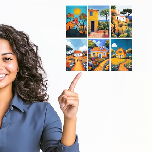 Image of SiddArtify Colorful House Wall Art Prints Set - Whimsical Landscape Poster Decor for Living Room Bedroom Office - Set of 2-4x6 Inch - Board (Pack of 6) - Sticker (Pack of 6)