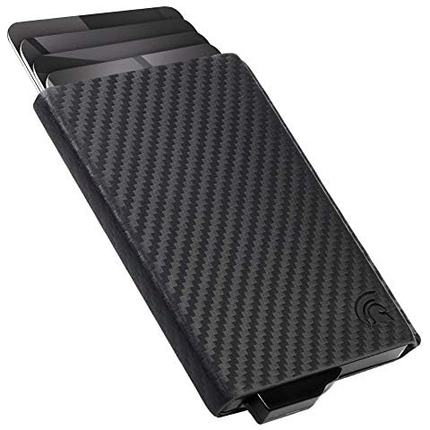 POWR Card Holder and Keyring, RFID Blocking, Genuine Leather Carbon Fibre Effect Mens Wallet, Minimalist Slim Metal RFID Blocking Contactless Bank Card Protector with Quick Release Mechanism Cover