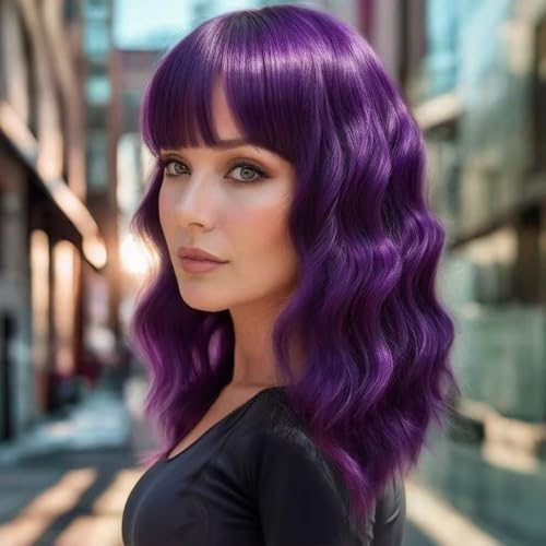 Ucubb Short Bob Wavy Wig with Bangs for Women Loose Curly Wig Look natural Shoulder Length Bob Synthetic Cosplay Wig for Girl Colorful Costume Wigs