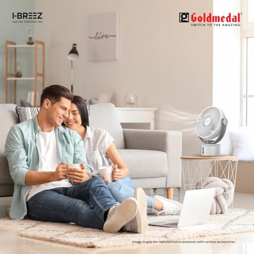 Image of Goldmedal I-Breez 200 mm Portable Desk Fan | 45 Head Tilt | Type-C USB-Powered Rechargeable Battery with 8-9 Hours Backup | 2-Light Brightness Setting | Personal Fan for Home & Office (White-Grey)