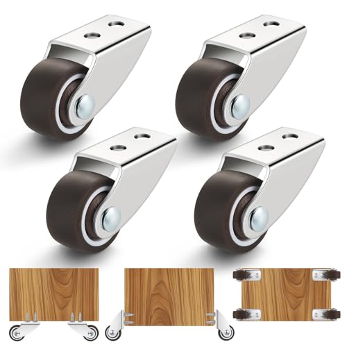 4 Pcs Small Rigid Caster Wheels, 1 Inch Non-Swivel Low Profile Casters, Horizontal or Vertically Mounted Silent Rubber Replacement Wheels for Furniture, Side-Sliding and Pull-Out Projects