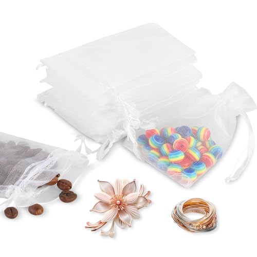 Abeillo 50 bolsitas de organza de 7 x 9 cm, pequeñas bolsas de organza con cordón, bolsas de organza para rellenar, bolsas de regalo para bodas, cumpleaños, fiestas, joyas (blanco)