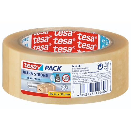 Preisvergleich Produktbild tesa tesapack Ultra Strong - PVC-Klebebänder für festes Verpacken und sicheres Bündeln - Transparent - 66 m x 38 mm