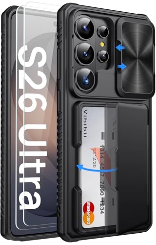 Vihibii Funda para Samsung Galaxy S26 Ultra con 2 Piezas Protector Pantalla, Ranura para Tarjeta (4 Tarjetas), Protección Deslizante para Cámara, Antigolpes Silicona Capa para Galaxy S26 Ultra, Negro
