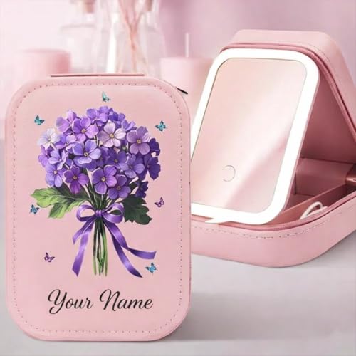 Image of PRIMIT LED Travel Jewelry Case and Makeup Bag with Mirror, Dust-Proof Jewelry Box, 10 Sealed Jewelry Bags - Compact Cosmetic Mirror Case for Women Girls Travel Essentials (Pink Flower)