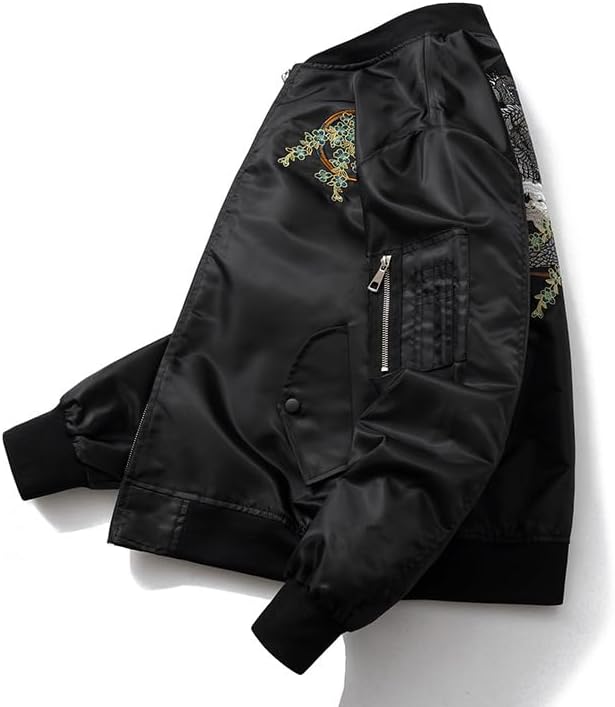 Dragon Embroidery Bomber Jacket Lightweight Streetwear Zip Up Spring Fall Windbreaker Coat for Men Women