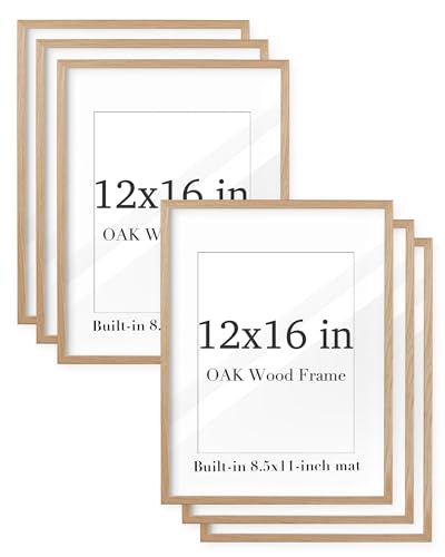 Image of UPWOIGH 12x16 Beige Oak Wood Picture Frame Set of 6,Display Pictures 8.5x11 with Mat or 12x16 Without Mat,Minimalist 12x16in Poster Frames 6 Pack, Natural Solid Wooden Frame for Wall Art Photo Prints