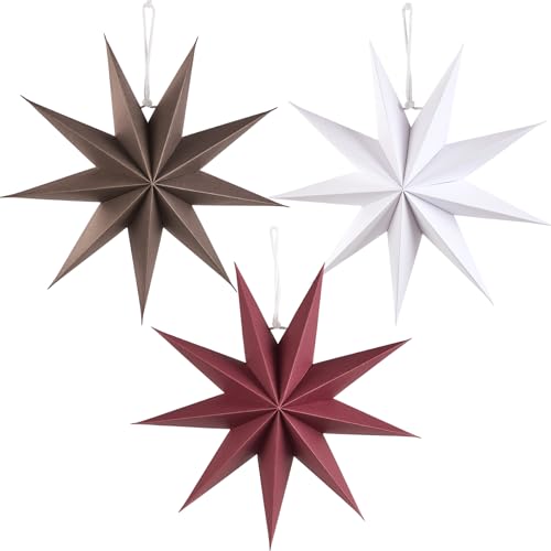 Image of SUNBEAUTY 3 Pcs 9-Pointed Brown Burgundy White Paper Star Lanterns 12 Inch Christmas Hanging Lamp Rustic Paper Decorations Shade Wedding Birthday Christmas Home Party Decorations