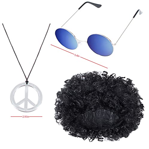 4 PCS Hippie Costume for Mens 60s 70s T-Shirt Afro Wig Accessories Set for Party Cosplay