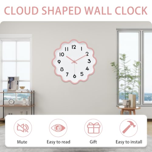 Image of HZDHCLH Wall Clocks Battery Operated 12 Inch Cloud Shaped Wall Clock Silent Non Ticking Modern Decorative Clock with 3D Numbers for Bedroom Living Room Nursery Classroom Pink