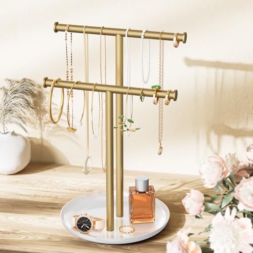 Jasopaco Gold Necklace Rack Stand with Storage Tray - 2 Rods T-Shaped Jewelry Holder Stand for Bracelets Earrings Rings | Elegant Vanity & Dresser Top Storage for Women.