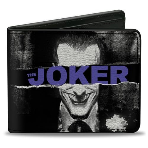 Buckle-Down Men's PU Bifold Wallet-The Joker Sliced Portrait Black/Grays/Purple, Multicolor, 4.0