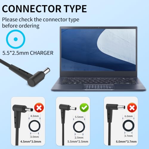 Image of 90W Laptop Charger Compatible with Asus Vg27aq Vg32vq Vg279qm K53 K53B K53BY K53E Q524Uq Q534Ux Q524Uq-Bbi7T1 Q524Uq U500V Adp-90Le B Laptop Power Adapter