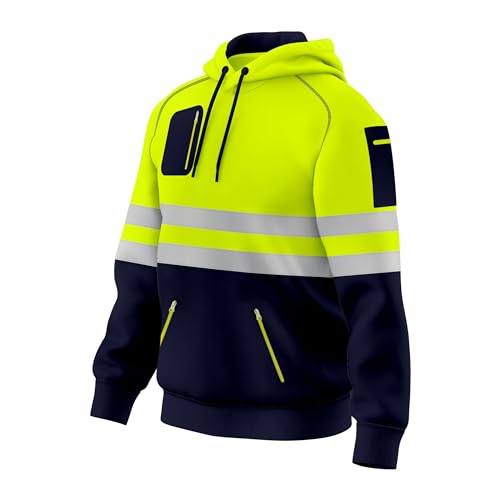 Mens Hi Vis Work Wear Pullover Hoodie Safety Sweatshirt Reflective Tape High Viz Hoodie High Visibility Sweatshirt Top Multi Zipper Pockets S-2XL - 3
