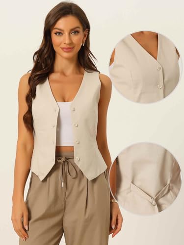 Allegra K Vest for Women Summer Linen Sleeveless Button Down V Neck Fully Lined Cropped Waistcoat Vests Crop Tops2